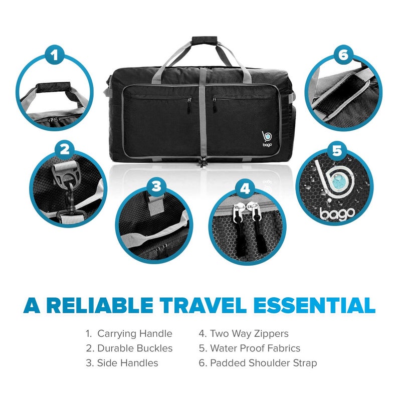 Bago Large Foldable Duffel Bags for Traveling Women & Men - 100L Packable Duffle Bag for Travel with Shoe Compartment - Water Repellant, Heavy Duty, Lightweight Folding & Collapsible (Black) - Image 5